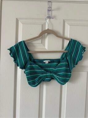 American Eagle Outfitters Teal & Dark Green Striped Tie-Front Crop Top